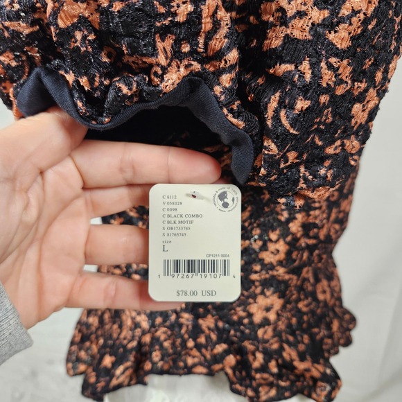 Free People Black Orange Floral Lace Corset Top Puff Sleeve Ruched Peplum Size L - Picture 5 of 8